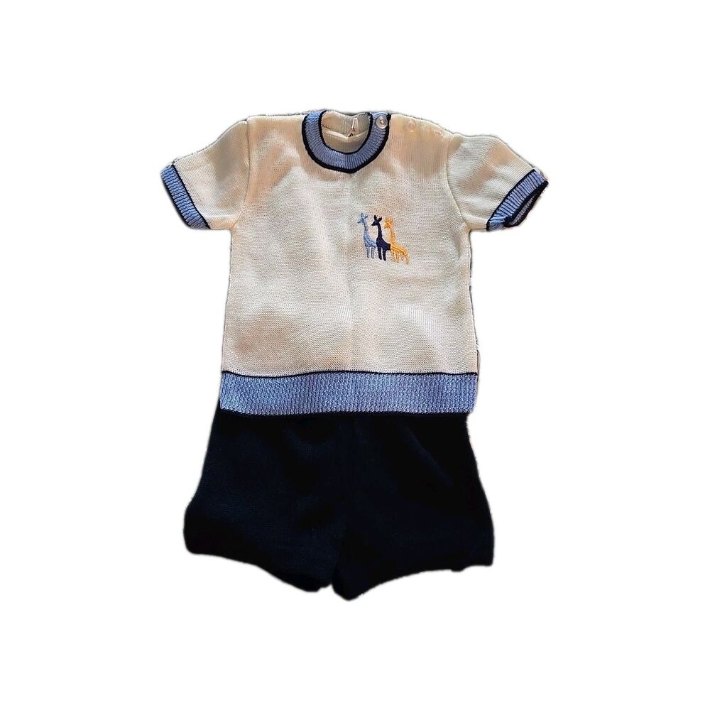 Vintage Acrylic Knit Baby Outfit 2 Piece Set Toddler Shorts Sweater Boys